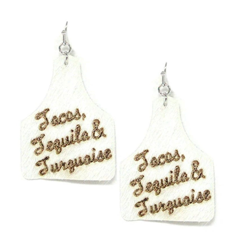 Cow Tag Leather Earrings Tacos, Tequilla & Turquoise-Cream