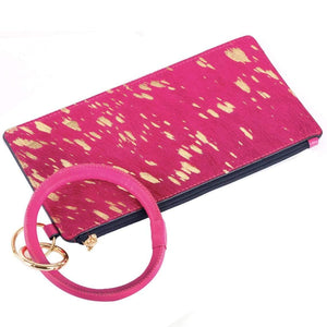 Cowhide Fur Leather Wallet with Bangle Keychain-Magenta