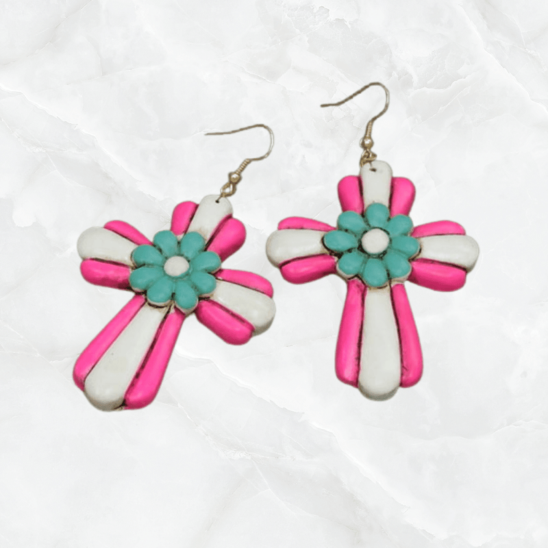 Cross & Flower Clay Earrings-Hot Pink/Turquoise