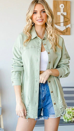 Distressed Button Down Shacket-Sage Green