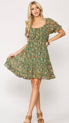 Ditsy Floral Print Dress-Green