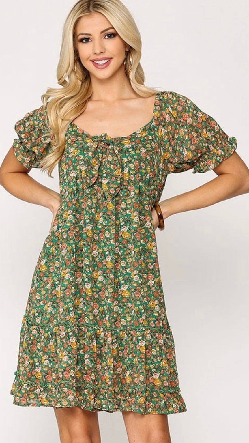 Ditsy Floral Print Dress-Green
