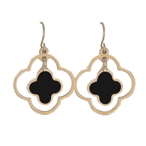 Double Clover Drop Earrings-Gold & Black