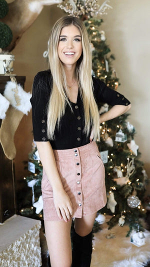 Faux Suede Button Down Mini Skirt with Pockets- Rose