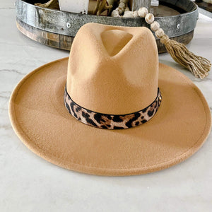 Flat Brim Hat with Leopard Strap Detail-Camel