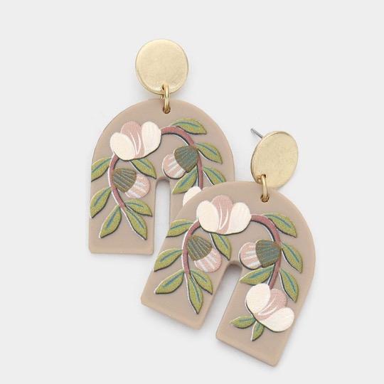 Floral Print Resin Dangle Earrings-Taupe