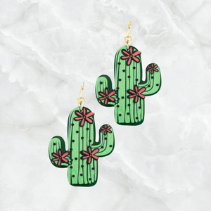 Flower Painting Cactus Earrings-Green/Pink