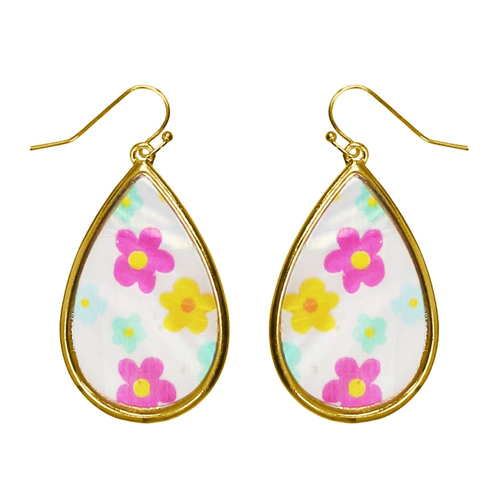 Flower Print, Teardrop Mother of pearl Earrings-White/Pink/Teal