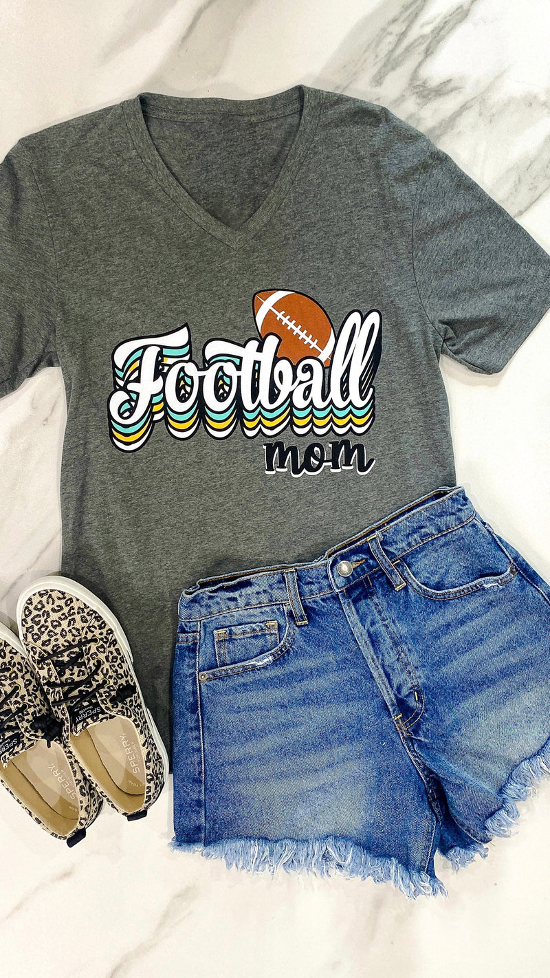 Football Mom V-Neck Graphic Tee-Charcoal Gray