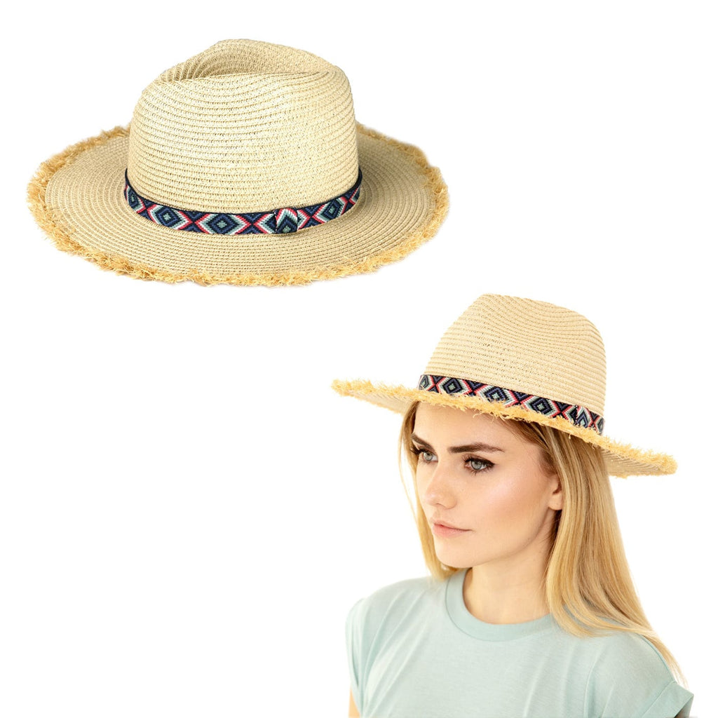 Frayed Trim Aztec Straw Hat-Tan with Mint Mix Band