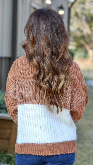 Fuzzy Knit Striped Sweater-Cinnamon/White