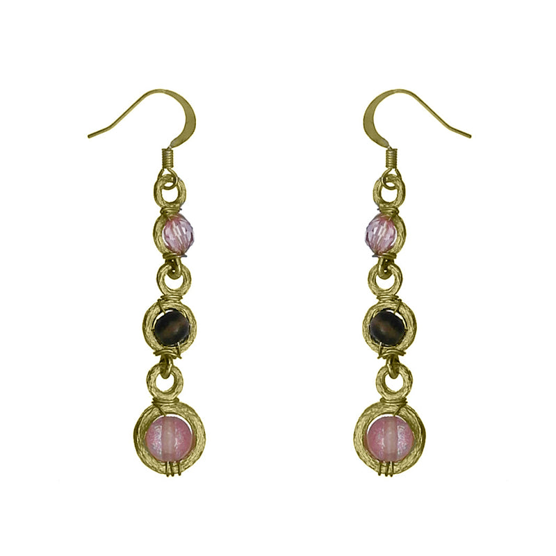 Glass Bead Dangle Earrings-Pink/Gold