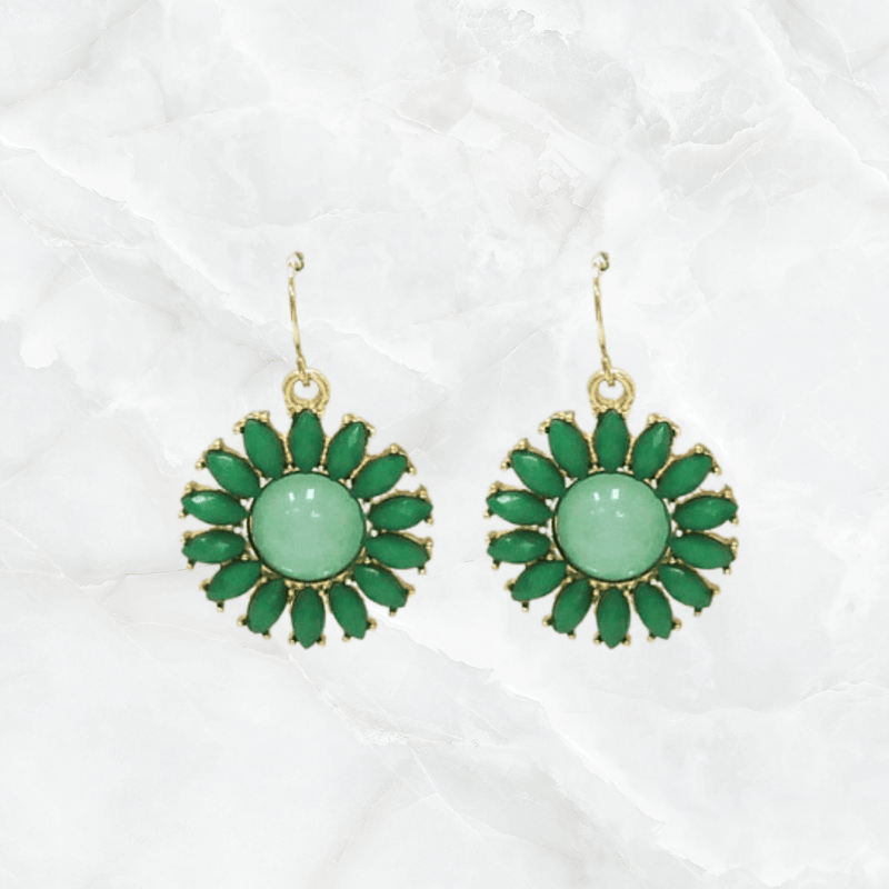 Glass Stone Flower Earrings-Green