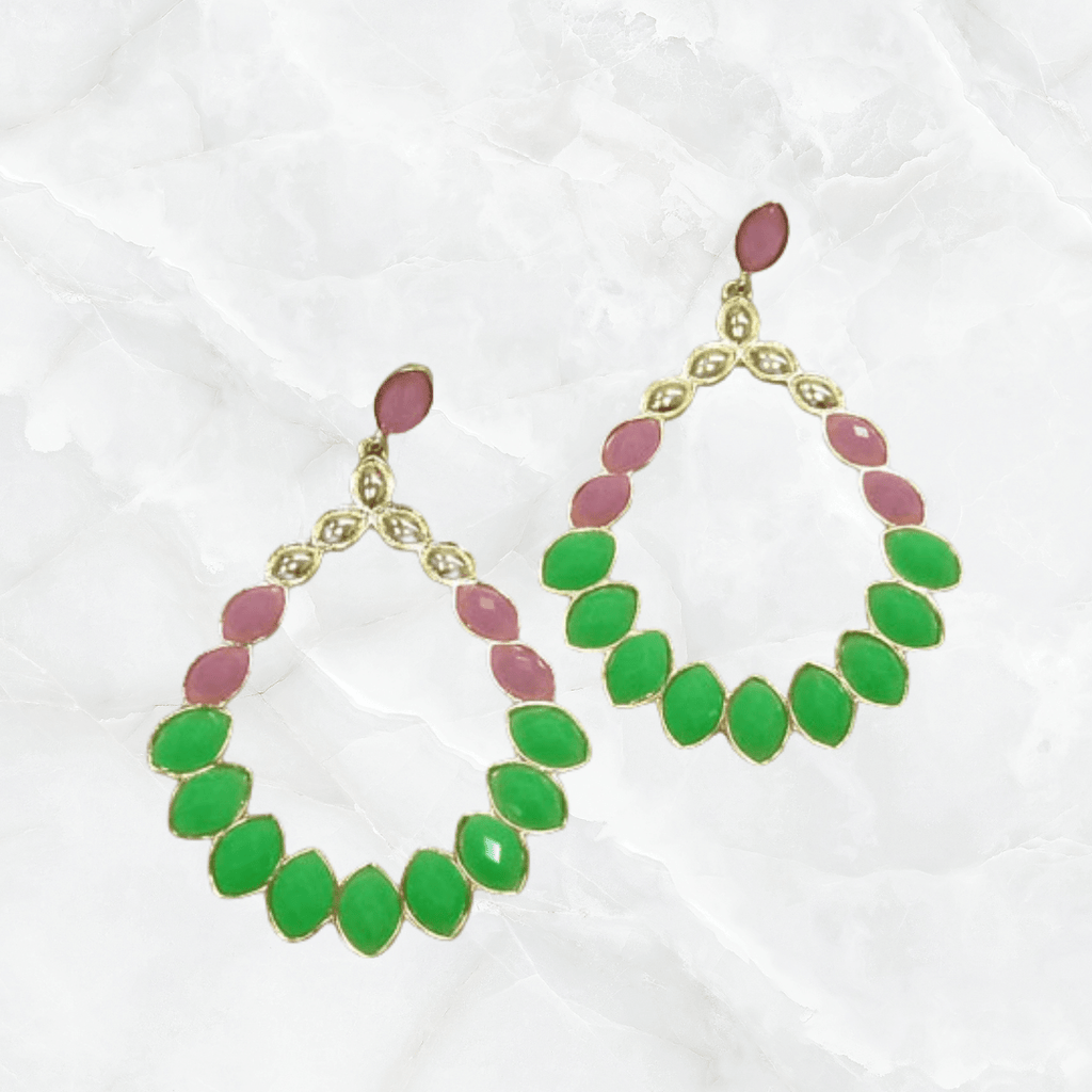 Glass Stone Oval Drop Earrings-Pink/Green