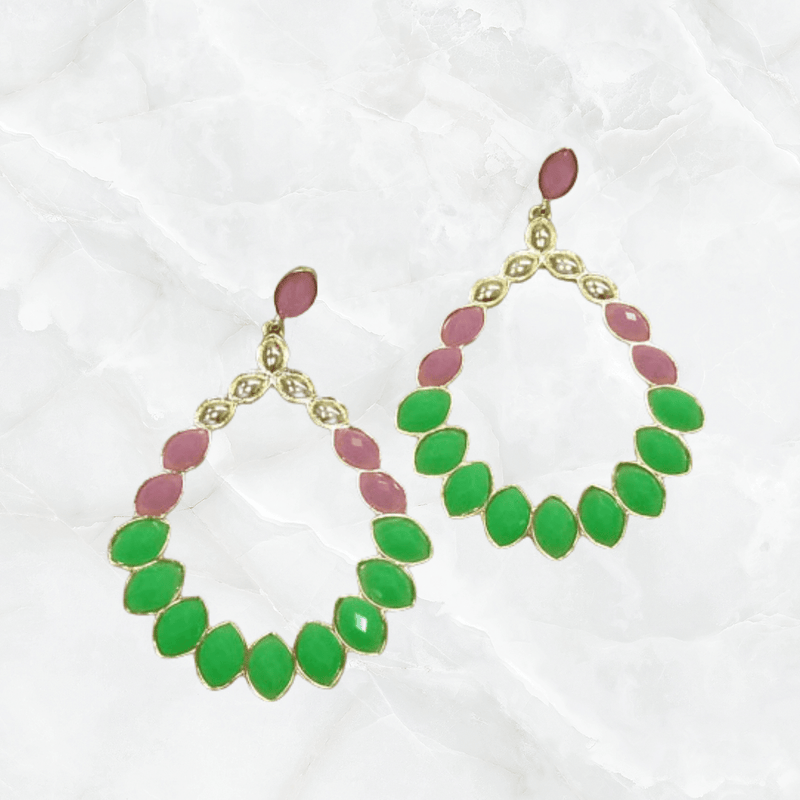 Glass Stone Oval Drop Earrings-Pink/Green