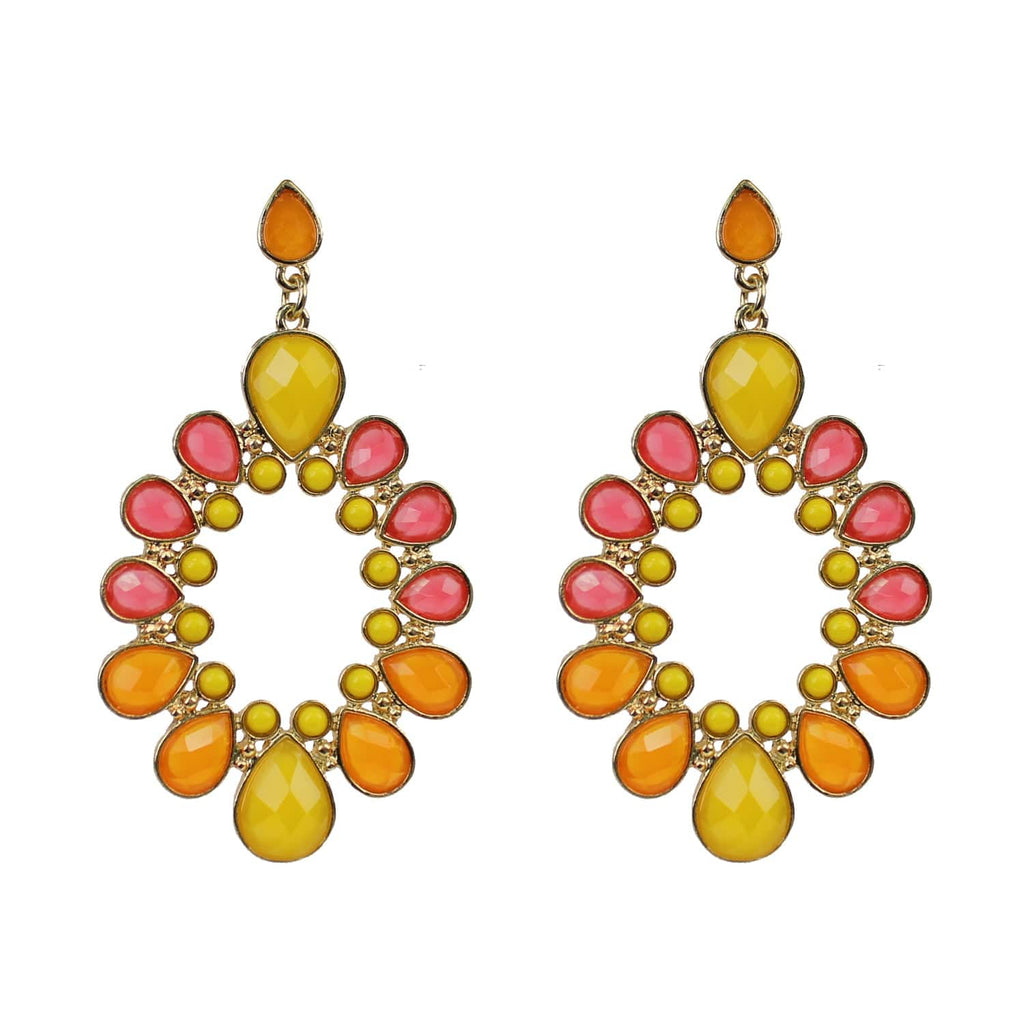 Glass Stone Post Drop Earrings-Pink/Yellow