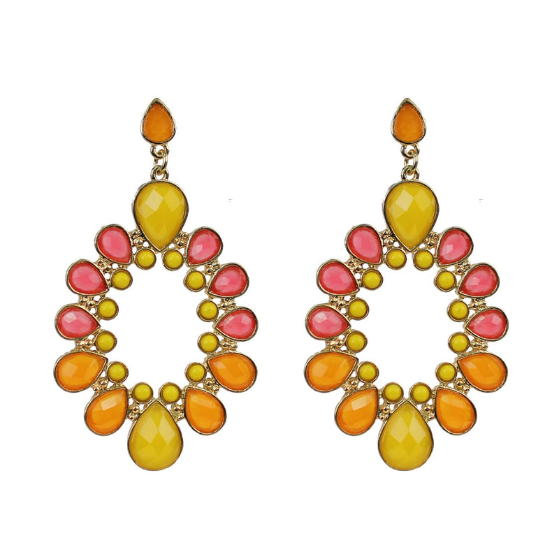 Glass Stone Post Drop Earrings-Pink/Yellow