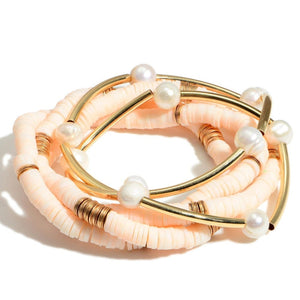 Gold and Pearl Accented Heishi Bead Bracelet Set - Pink