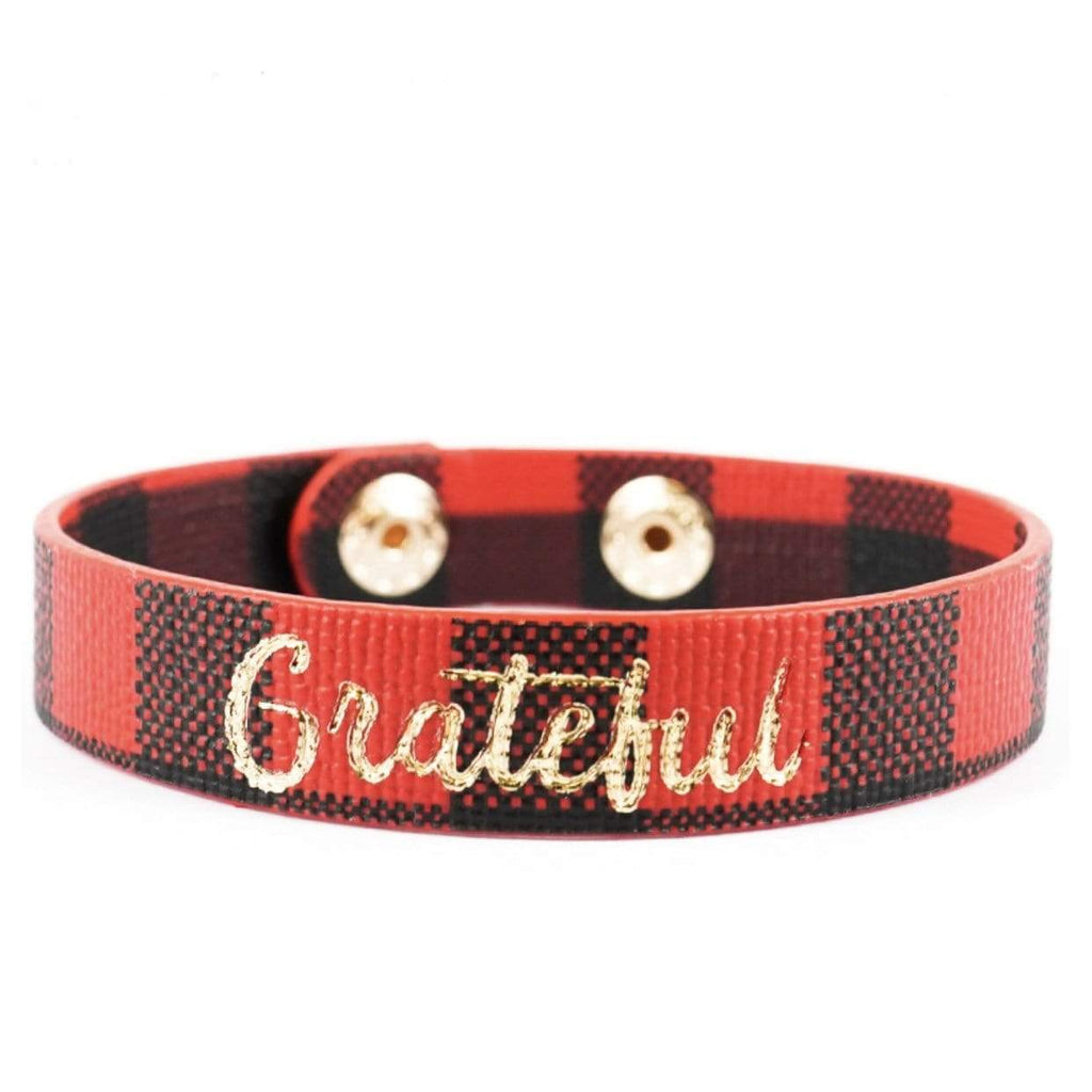 Grateful Buffalo Plaid Leather Snap Button Bracelet-Red