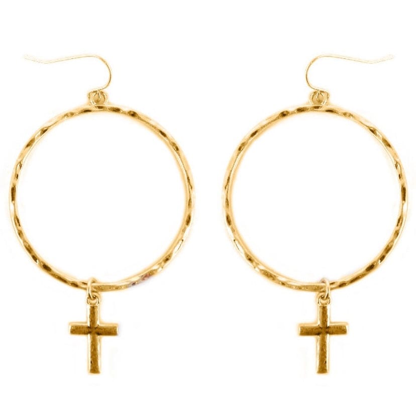 Hammered Circle w/ Cross Dangle Earrings-Gold
