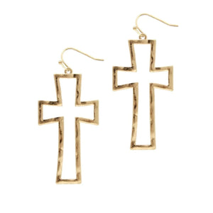 Hammered Metal Cross Dangle Earrings-Gold