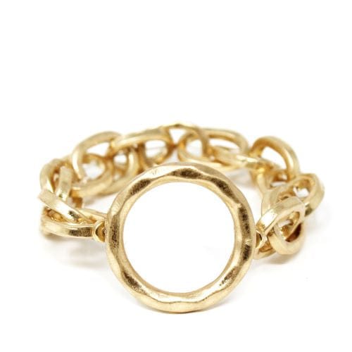 Hammered Metal Link Chain Stretch Bracelet with Circular Ring-Gold