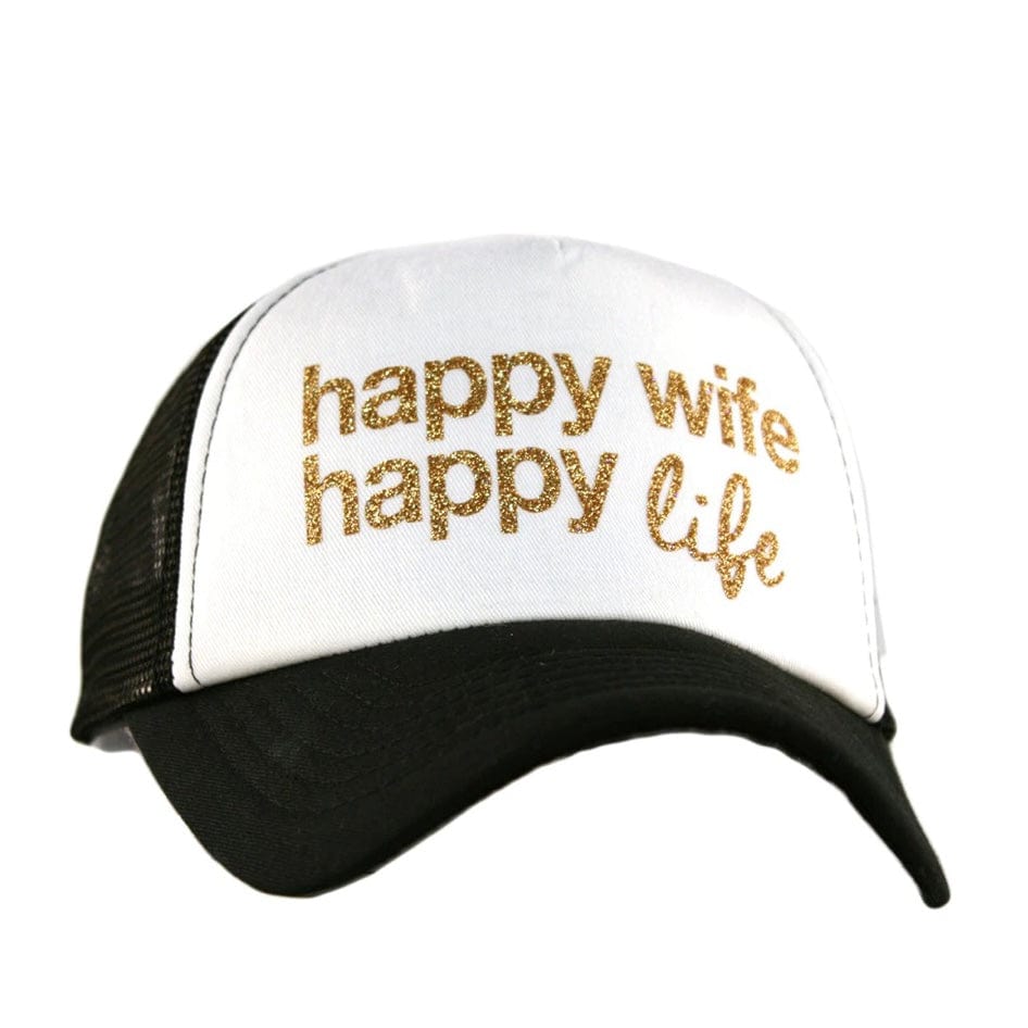 Happy Wife Happy Life Glitter Trucker Hat-Black/White