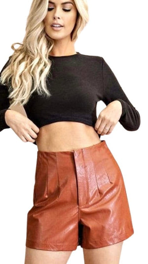 High Waisted Pleather Shorts-Tobacco
