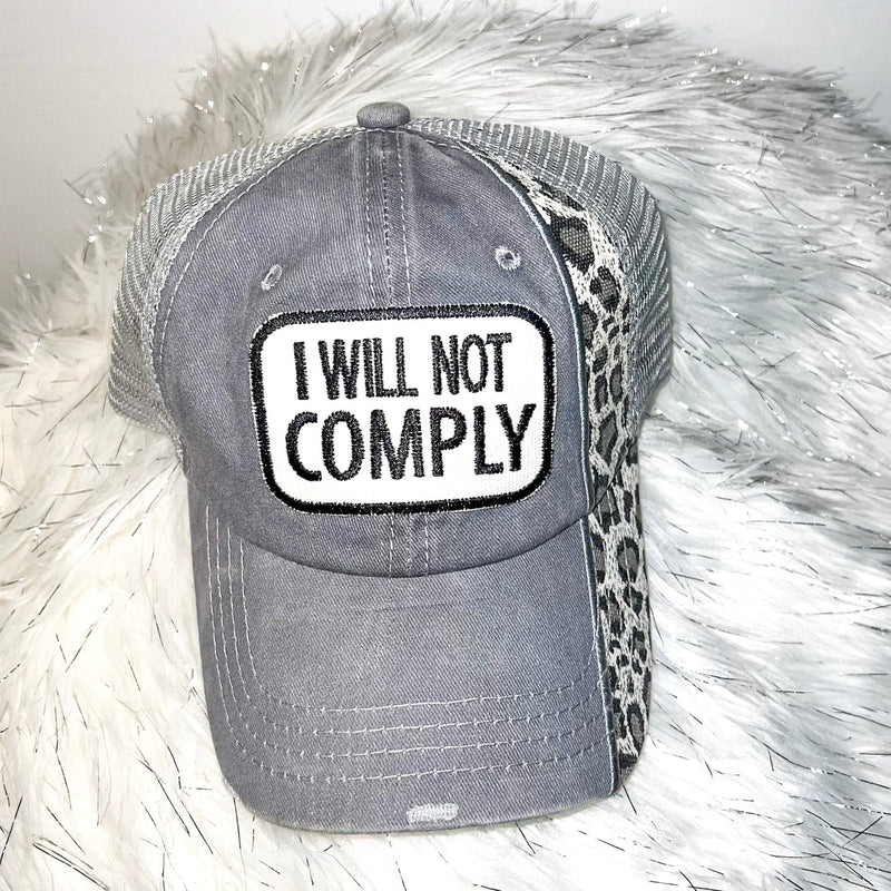 I WILL NOT COMPLY Patch Trucker Hat-Grey Leopard