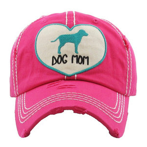 Heart "Dog Mom" Washed Vintage Hat-Magenta