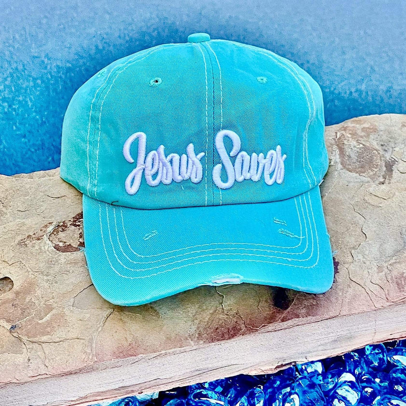 Jesus Saves Embroidery Distressed Baseball Cap-Teal