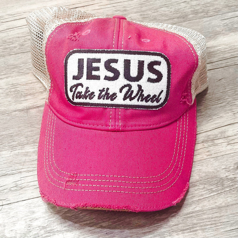 JESUS Take the Wheel Distressed Trucker Hat-Pink