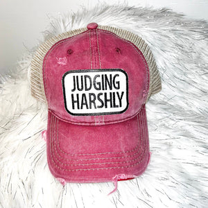 JUDGING HARSHLY Distressed Trucker Hat-Maroon