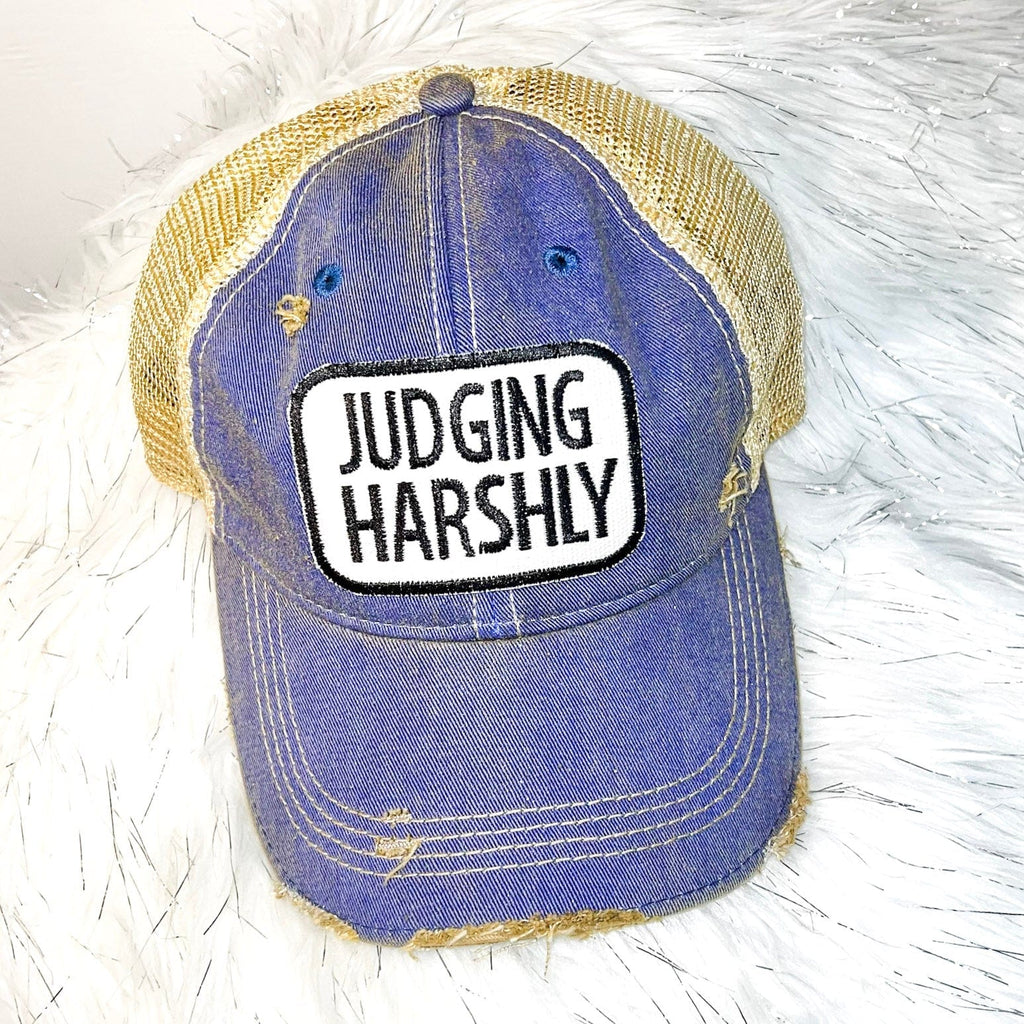 JUDGING HARSHLY Distressed Trucker Hat-Royal Blue