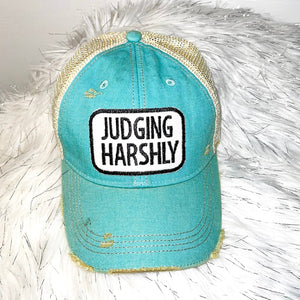 JUDGING HARSHLY Distressed Trucker Hat-Turquoise Blue