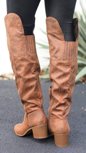Knee High Distressed Boots-Cognac