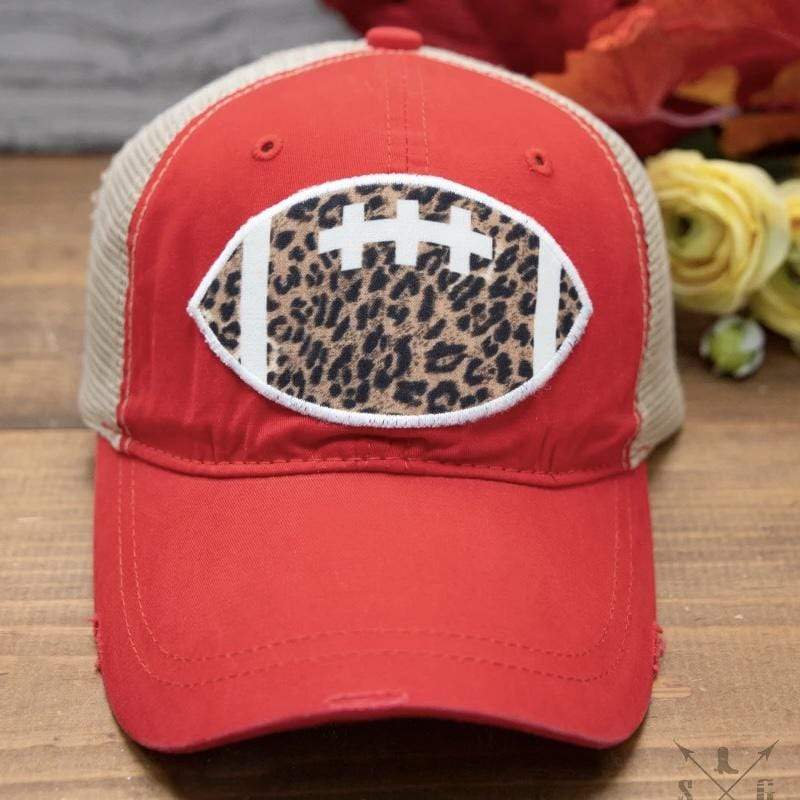 Leopard Football Patch High Ponytail Distressed Baseball Cap-Red with Tan Mesh