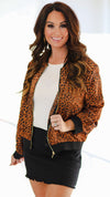 Leopard Print Bomber Jacket-Camel