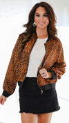 Leopard Print Bomber Jacket-Camel