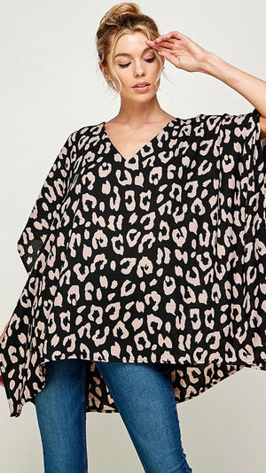 Leopard Print Kimono Sleeve Top-Black/Mauve