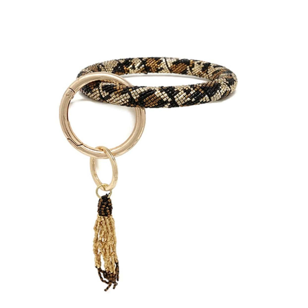 Leopard Seed Bead Wristlet Keychain Bangle with Tassel