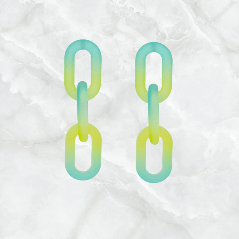 Linked Plastic Chain Earrings-Aqua/Yellow