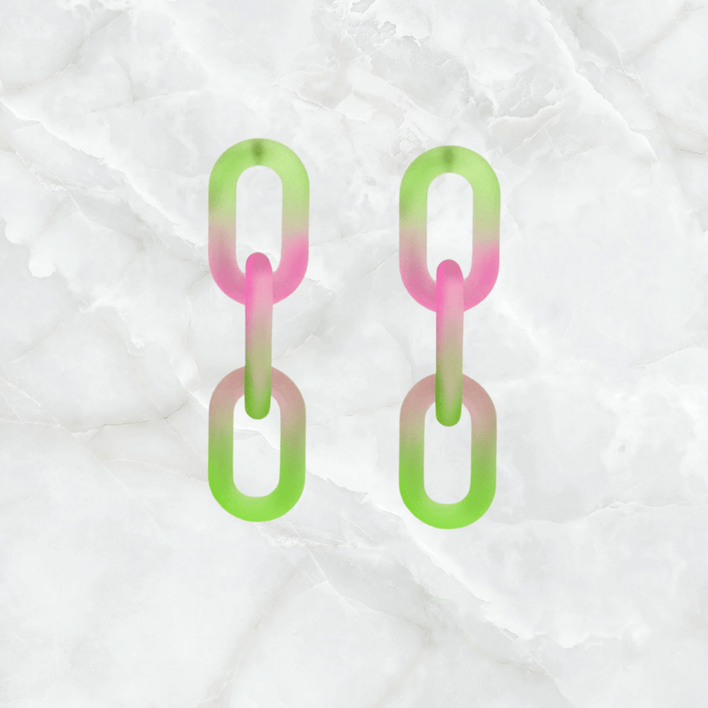 Linked Plastic Chain Earrings-Green/Pink