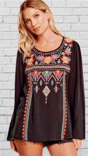 Long Sleeve Floral Embroidered Top-Black