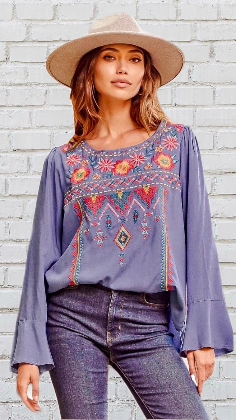 Long Sleeve Floral Embroidered Top-Blue