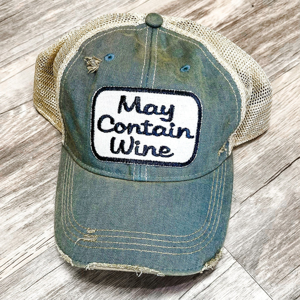 May Contain Wine Distressed Trucker Hat-Light Blue
