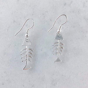 Metal Bone Fish Dangle Earrings-Silver