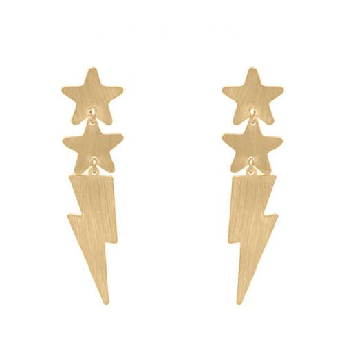 Metal Star, Lightning Bolt Post Dangle Earrings-Gold