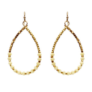Mini Metal Cubes & Wood BeadsTeardrop Earrings-Gold/Ivory