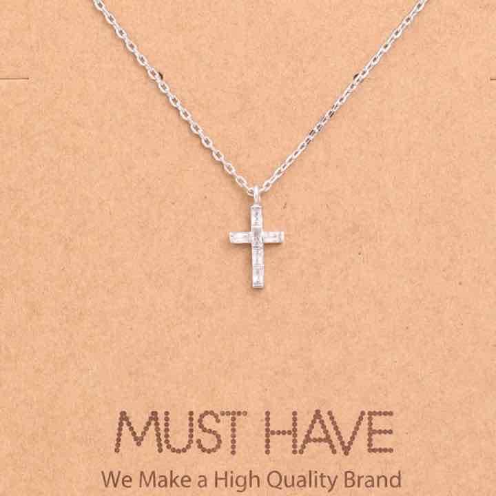 Mini Studded Cross Pendant Necklace-Silver